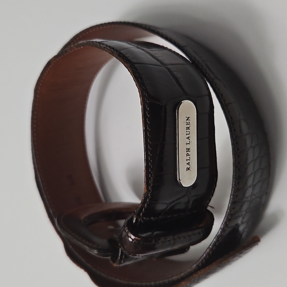 🐎 Ralph Lauren Dark Brown Croc-Embossed Leather Belt with Silver Plaque
